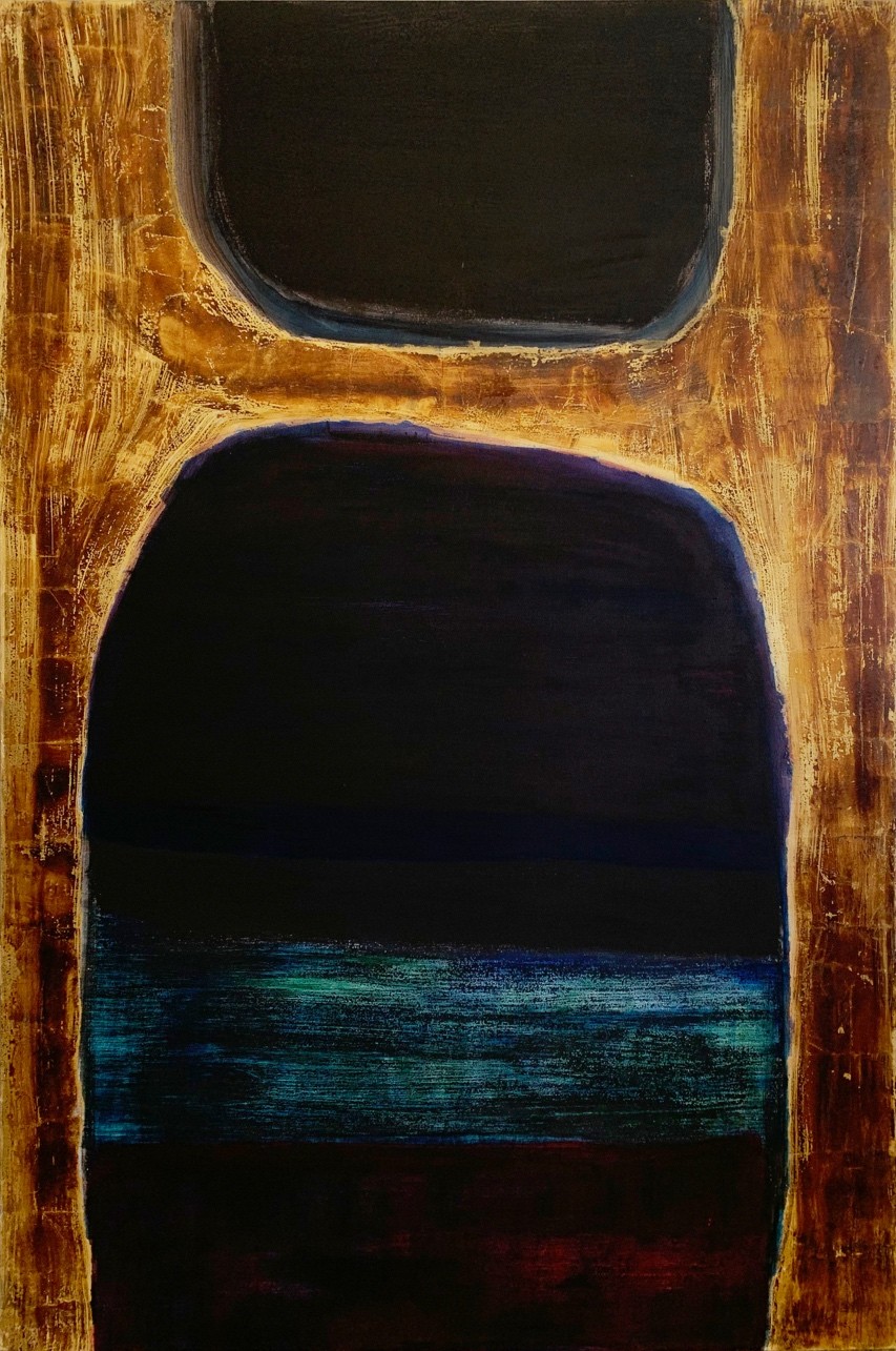 De Profundis I, 2024, huile, brou de noix, feuille de métal sur toile, 194X130